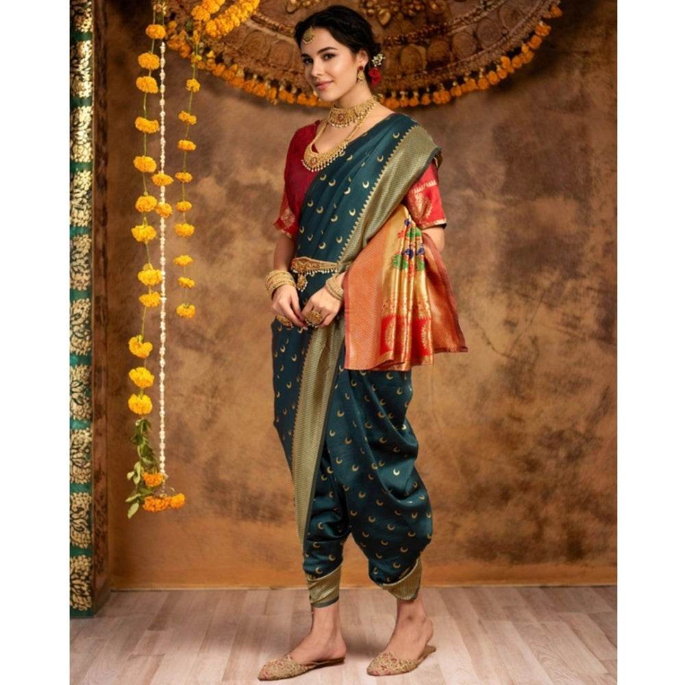 Generic Women's Silk Blend Zari Woven Saree With Unstitched Blouse 5.5Mtr (Dark-Green) - MYLUXURY LANE ENTERPRISE